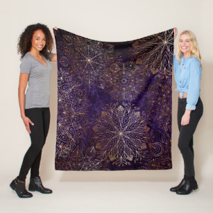 Elegant Gold and Purple Floral Mandala Pattern Fleece Blanket