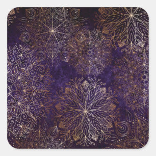 Elegant Gold and Purple Floral Mandala Pattern Square Sticker
