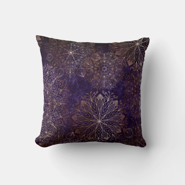 Elegant Gold and Purple Floral Mandala Pattern Throw Pillow (Front)
