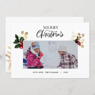 Elegant Gold and Red Holly Berries Stylish Script  Holiday Card