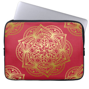 Elegant Gold and Red Mandala Pattern Laptop Sleeve
