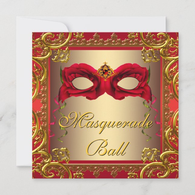 Elegant Gold and Red Masquerade Party Invitation (Front)