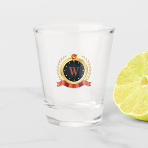 Elegant Gold and Red Medallion with Monogram Shot Glass