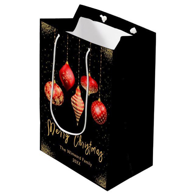 Elegant Gold and Red Ornament Christmas Medium Gift Bag (Front Angled)