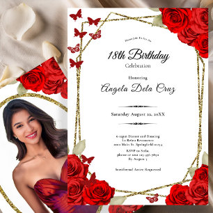 Elegant Gold and Red Roses 18th Birthday Invitation