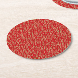Elegant gold and red triangular geometric pattern round paper coaster