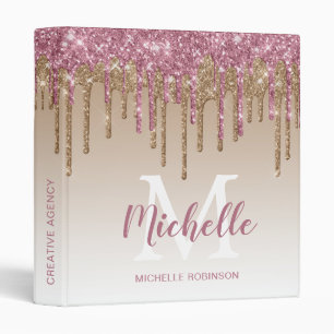 Elegant Gold and Rose Gold Glitter Drips Monogram Binder
