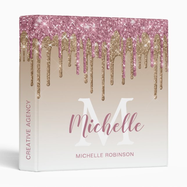 Elegant Gold and Rose Gold Glitter Drips Monogram Binder (Front/Spine)