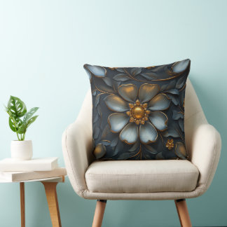 Elegant Gold and Silver Floral Luxurious Design Throw Pillow
