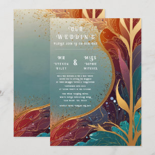 Elegant Gold and Teal Abstract Larva Wedding  Invitation