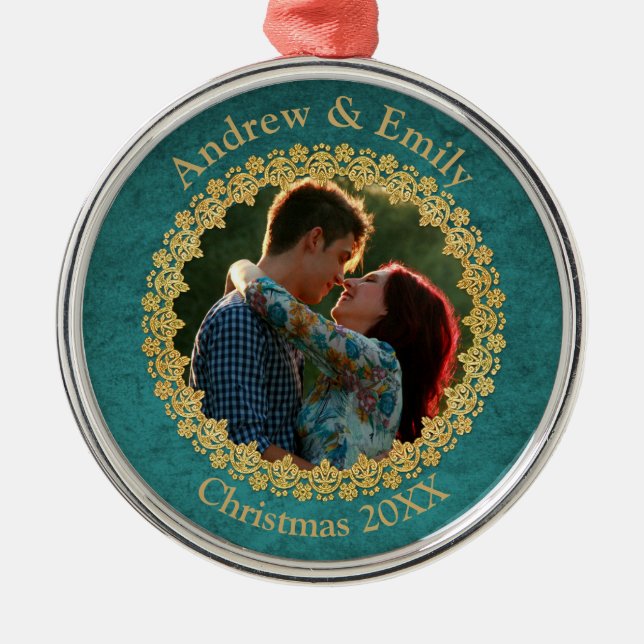 Elegant Gold and Teal Custom Photo Metal Ornament (Front)