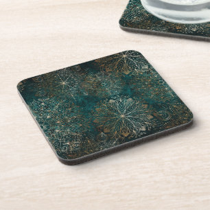 Elegant Gold and Teal Green Floral Mandala Pattern Coaster