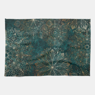 Elegant Gold and Teal Green Floral Mandala Pattern Kitchen Towel