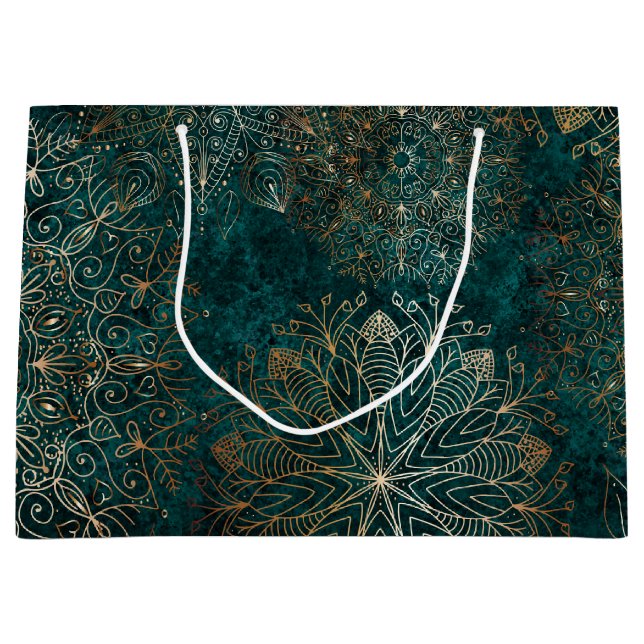 Elegant Gold and Teal Green Floral Mandala Pattern Large Gift Bag (Front)