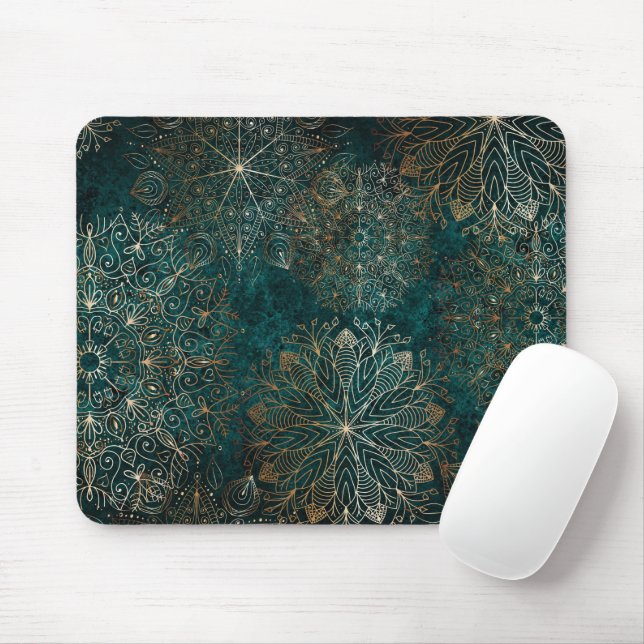 Elegant Gold and Teal Green Floral Mandala Pattern Mouse Pad (With Mouse)