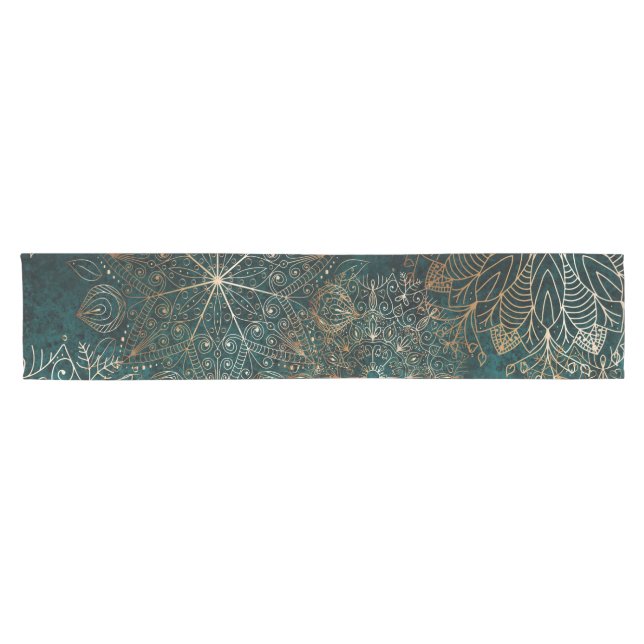 Elegant Gold and Teal Green Floral Mandala Pattern Short Table Runner (Horizontal)