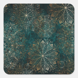 Elegant Gold and Teal Green Floral Mandala Pattern Square Sticker