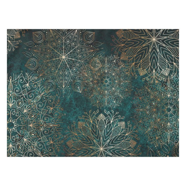 Elegant Gold and Teal Green Floral Mandala Pattern Tablecloth (Front (Horizontal))
