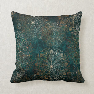 Elegant Gold and Teal Green Floral Mandala Pattern Throw Pillow