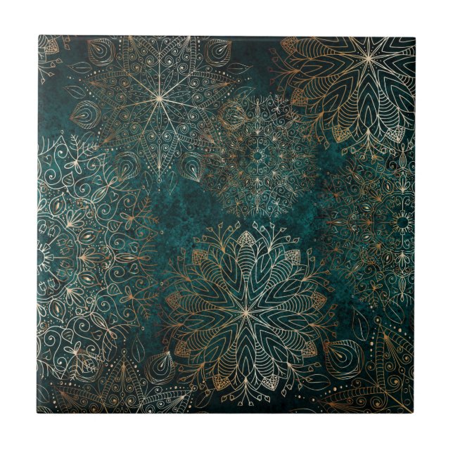 Elegant Gold and Teal Green Floral Mandala Pattern Tile (Front)