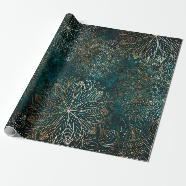 Elegant Gold and Teal Green Floral Mandala Pattern Wrapping Paper (Unrolled)