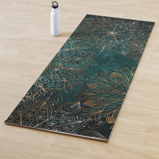 Elegant Gold and Teal Green Floral Mandala Pattern Yoga Mat (In Situ)