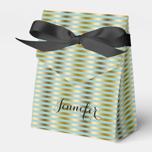 Elegant Gold And Teal-Green Stripes Pattern Favor Box (Front Side)