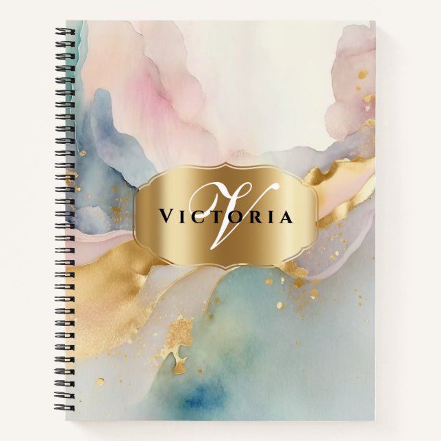 Elegant Gold and Watercolor Pastel Monogram Name Notebook (Front)