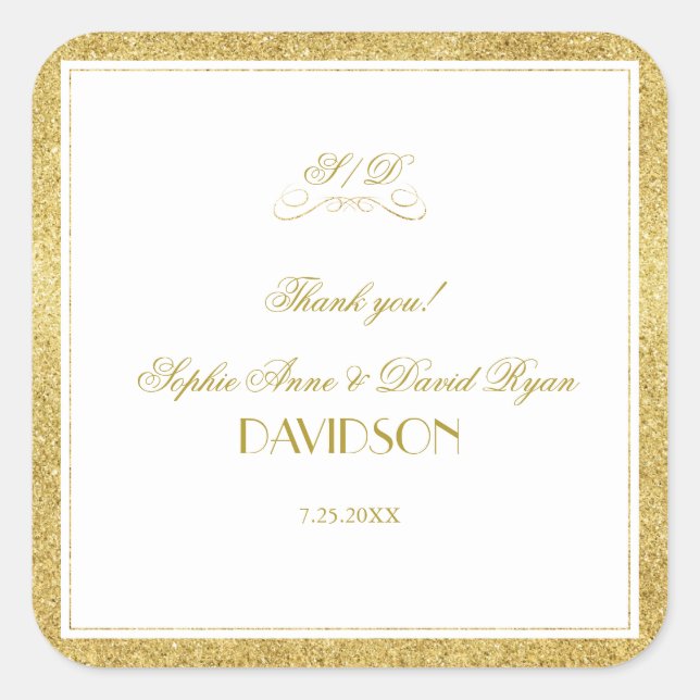 Elegant Gold and White Border Wedding Square Sticker (Front)