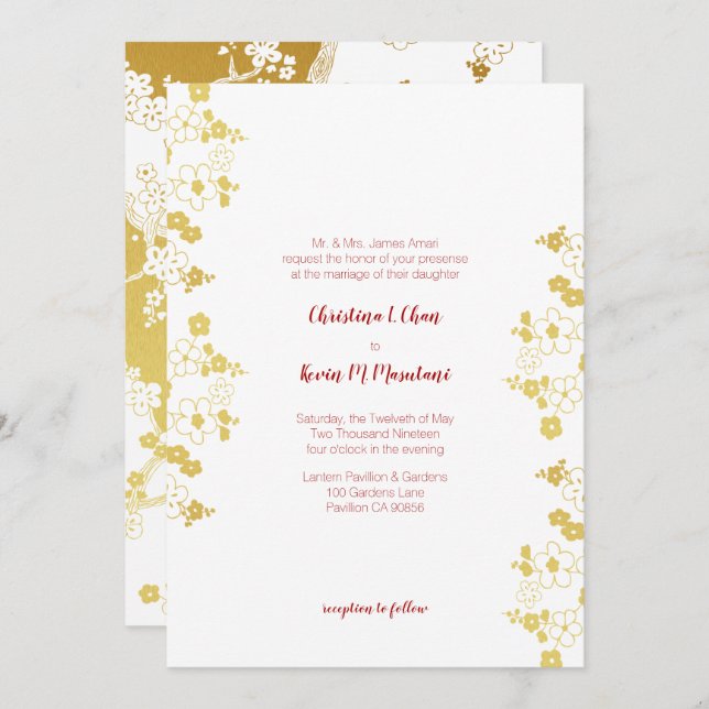 Elegant Gold and White Cherry Blossom Oriental Invitation (Front/Back)