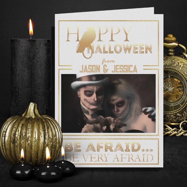 Elegant Gold And White Chic Adult Happy Halloween  Card (Elegant white and gold Halloween greeting card with photo)