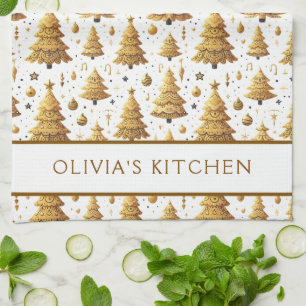 Elegant Gold And White Christmas Trees Custom Kitchen Towel