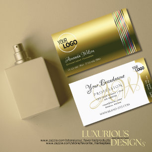 Elegant Gold and White Colourful Stripes with Logo Business Card