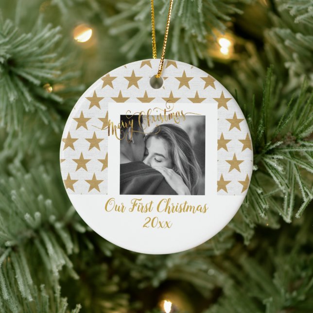 Elegant Gold and White Custom Your Photo & Text Ceramic Ornament (Tree)