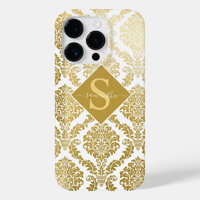 Elegant Gold and White Damask Print Personalized Case-Mate iPhone Case (Back)