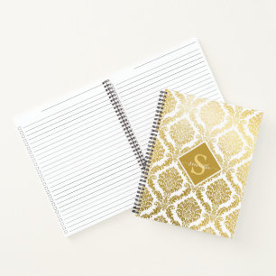 Elegant Gold and White Damask Print Personalized Notebook
