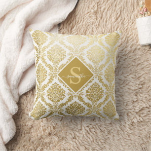 Elegant Gold and White Damask Print Personalized  Throw Pillow