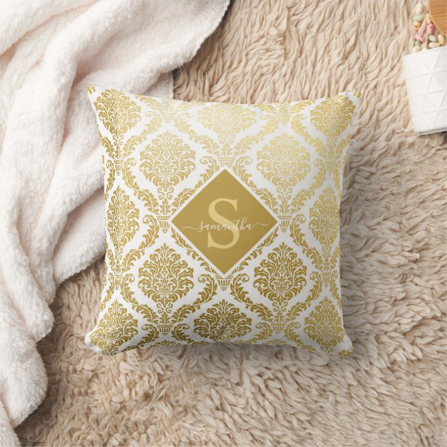 Elegant Gold and White Damask Print Personalized  Throw Pillow (Blanket)