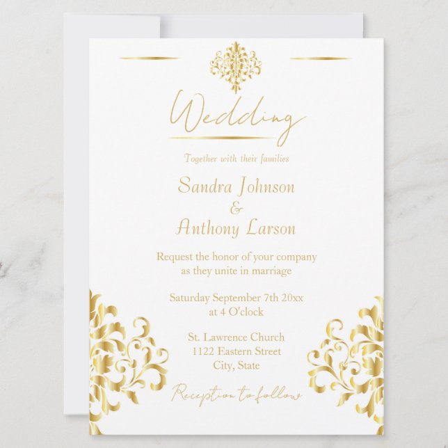 Elegant Gold and White Damask Wedding Invitation (Front)