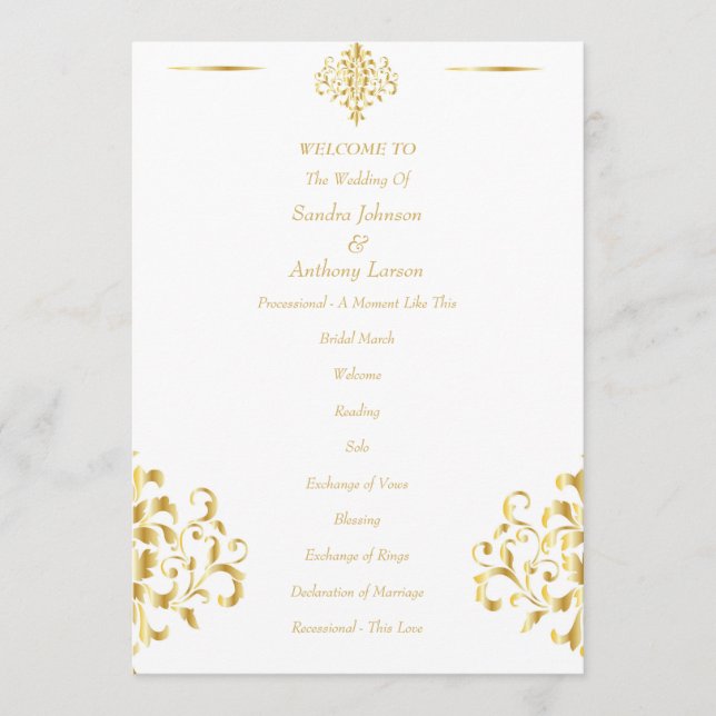 Elegant Gold and White Damask Wedding Program (Front)