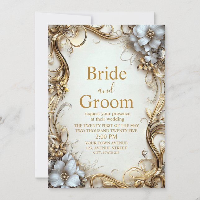 Elegant Gold and White Floral Border Wedding Invitation (Front)