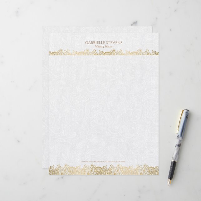 Elegant Gold And White Floral Paisley Lace Letterhead (Front/Back In Situ)
