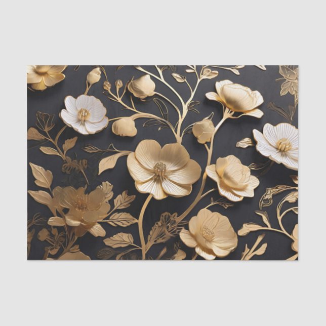 Elegant  Gold and White Flowers Pattern  Tissue Paper (Front)