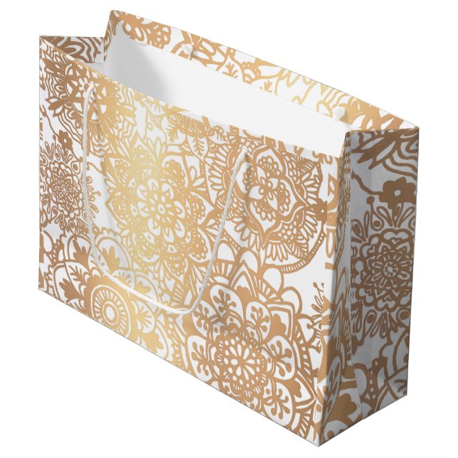 Elegant Gold and White Mandala Pattern Large Gift  Large Gift Bag (Front Angled)