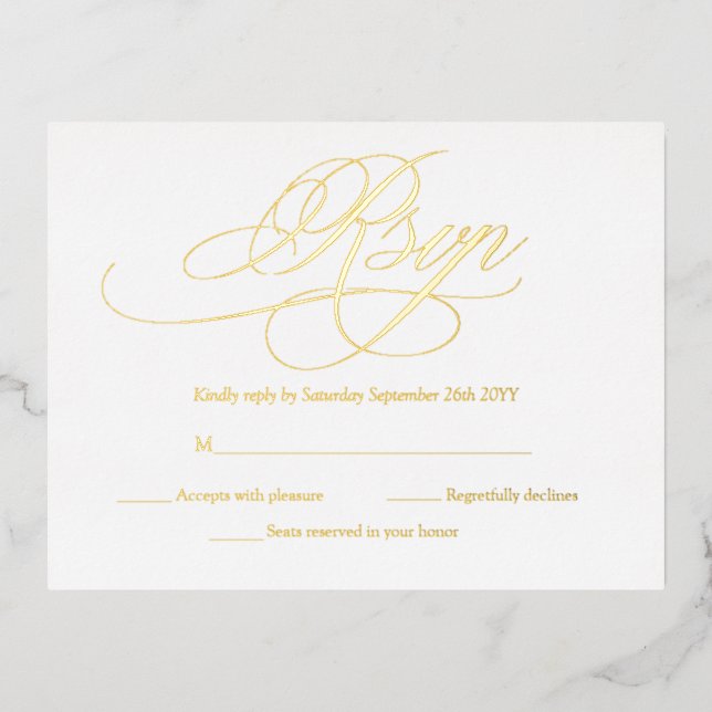 Elegant Gold and White Modern Wedding RSVP Cards (Front)