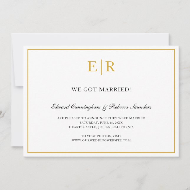 Elegant Gold and White Monogram Formal Wedding Announcement (Front)