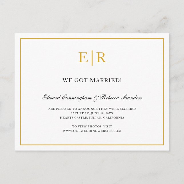 Elegant Gold and White Monogram Formal Wedding Announcement Postcard (Front)