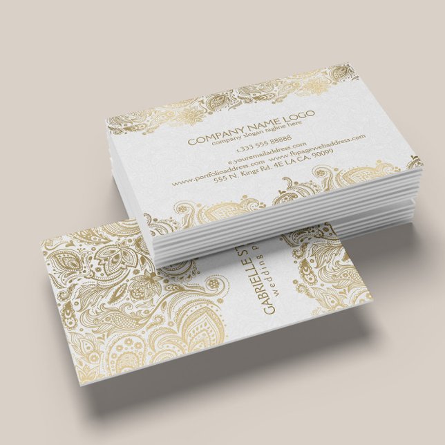 Elegant Gold And White Paisley 3 Wedding Planner Business Card (Creator Uploaded)
