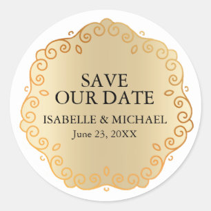 Elegant Gold and White Save Our Date Classic Round Sticker