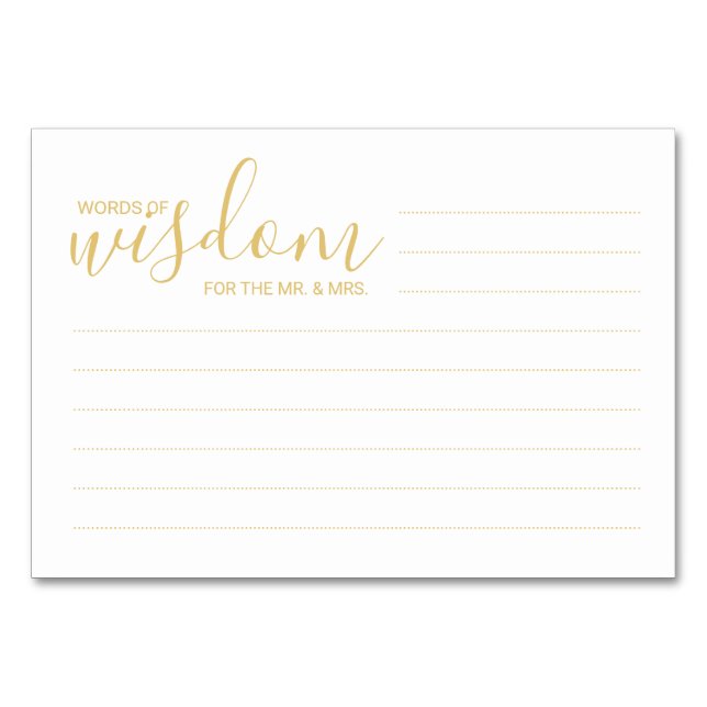 Elegant Gold and White Wedding Words of Wisdom Table Number (Front)